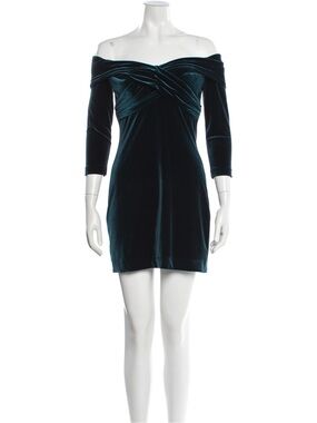 Theia Off-Shoulder Velvet Mini Dress in Teal Green